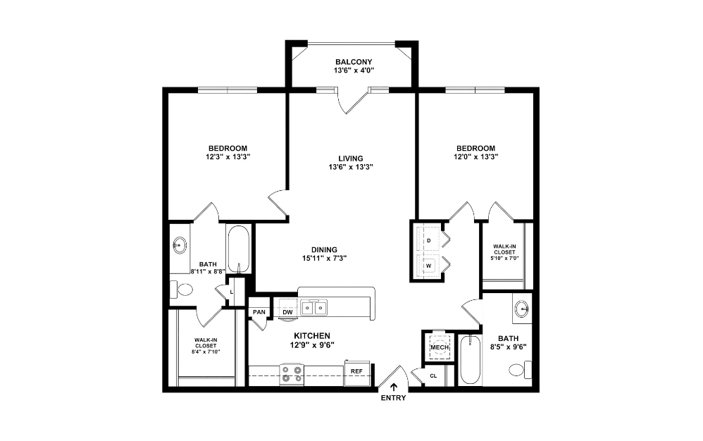 B1HC - 2 bedroom floorplan layout with 2 bathrooms and 1164 square feet (2D)