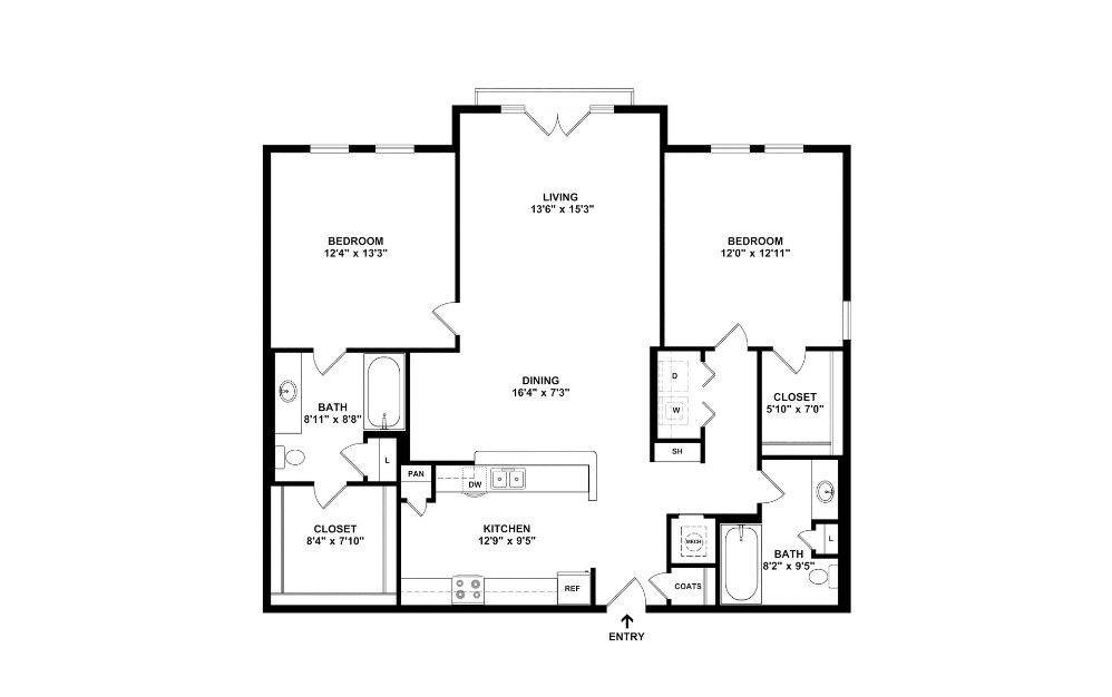 B1J2 - 2 bedroom floorplan layout with 2 bathrooms and 1142 square feet (2D)