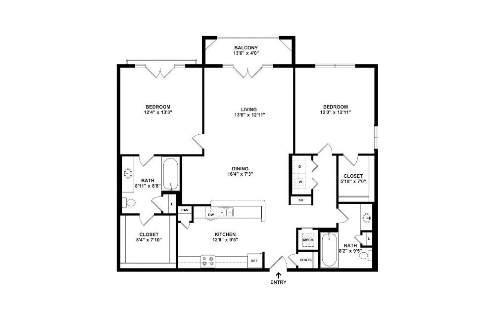 B1JB - 2 bedroom floorplan layout with 2 bathrooms and 1159 square feet (2D)