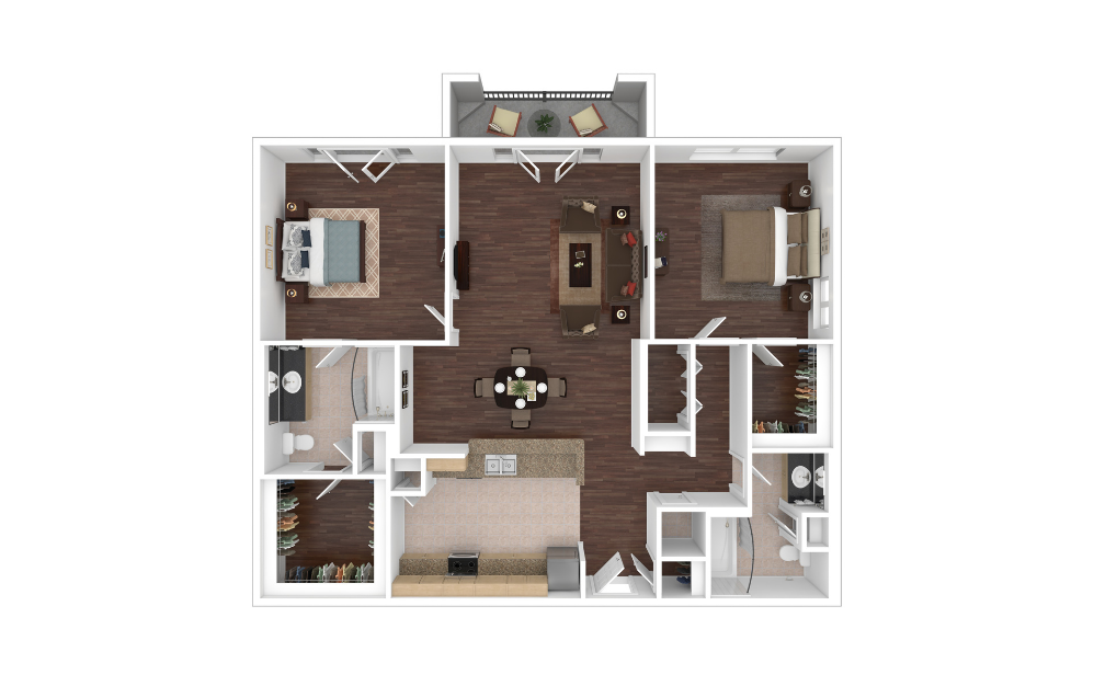 B1JB - 2 bedroom floorplan layout with 2 bathrooms and 1159 square feet (3D) B1JB - 2 bedroom floorplan layout with 2 bathrooms and 1159 square feet (3D)
