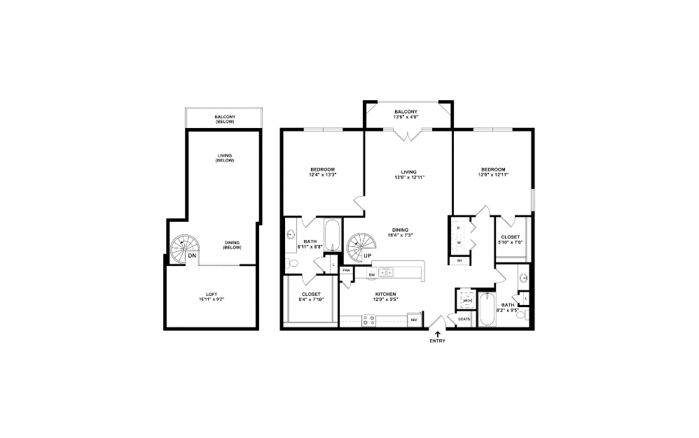 B1JL - 2 bedroom floorplan layout with 2 bathrooms and 1302 square feet (2D)