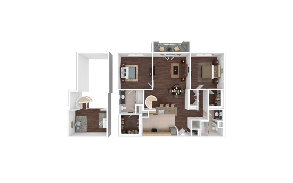 B1JL - 2 bedroom floorplan layout with 2 bathrooms and 1302 square feet (3D) B1JL - 2 bedroom floorplan layout with 2 bathrooms and 1302 square feet (3D)