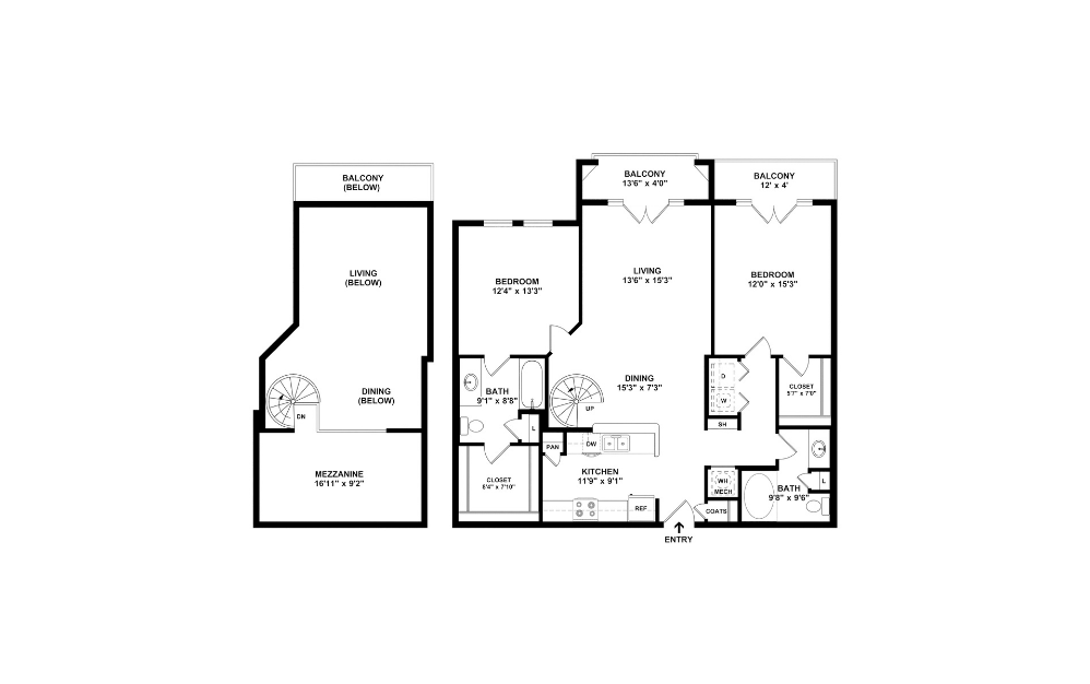 B32 - 2 bedroom floorplan layout with 2 bathrooms and 1264 square feet (2D)