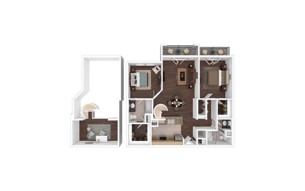 B32 - 2 bedroom floorplan layout with 2 bathrooms and 1264 square feet (3D)