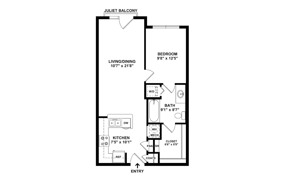 E1J2 - Studio floorplan layout with 1 bathroom and 611 square feet (2D)