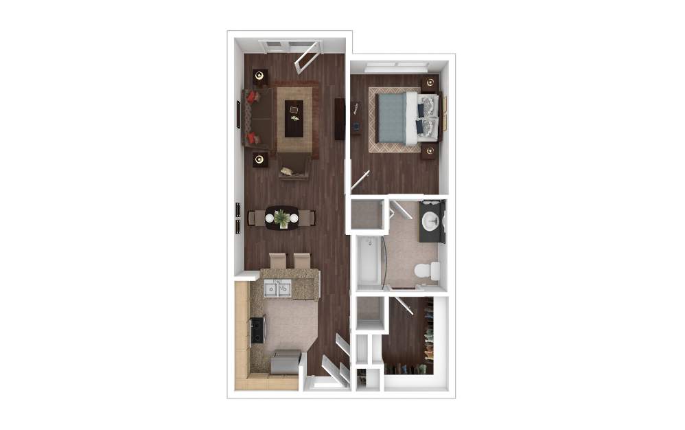 E1J2 - Studio floorplan layout with 1 bathroom and 611 square feet (3D) E1J2 - Studio floorplan layout with 1 bathroom and 611 square feet (3D)