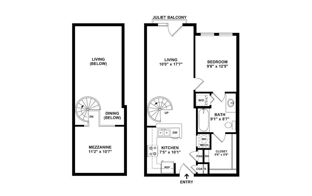E1L2 - Studio floorplan layout with 1 bathroom and 729 square feet (2D)
