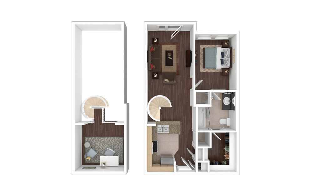 E1L2 - Studio floorplan layout with 1 bathroom and 729 square feet (3D) E1L2 - Studio floorplan layout with 1 bathroom and 729 square feet (3D)