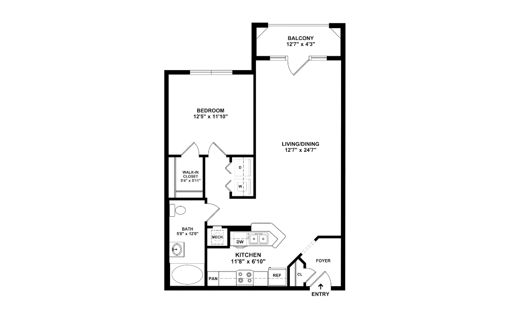 A1HC - 1 bedroom floorplan layout with 1 bathroom and 808 square feet (2D)